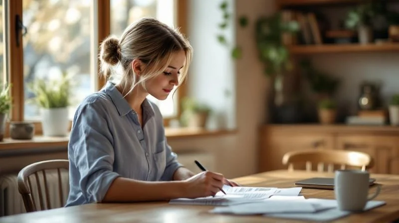 Frau mit Notizbuch und Laptop beim Weiterbildungsgespraech in Bayern