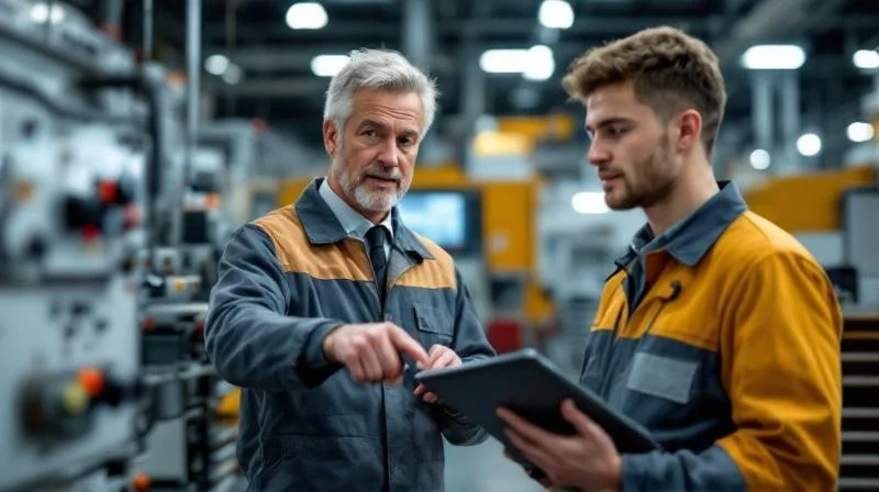 Ausbilder in einem Kronacher Industriebetrieb beim Anleiten einer Auszubildenden an einer Werkbank