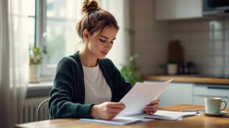 Frau sitzt am Schreibtisch in einer hellen Wohnung in Kronach und liest Unterlagen zur Weiterbildung