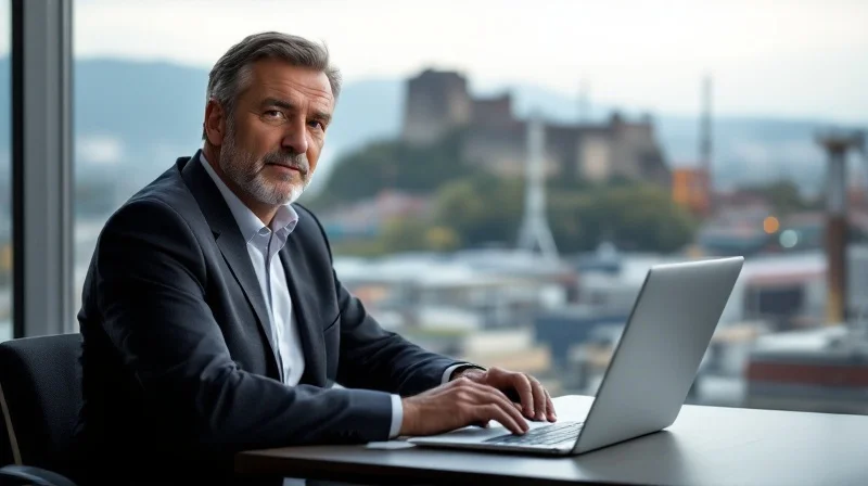 Geschäftsführer im Kronacher Büro mit Blick auf die Festung Rosenberg und Produktionsbetriebe