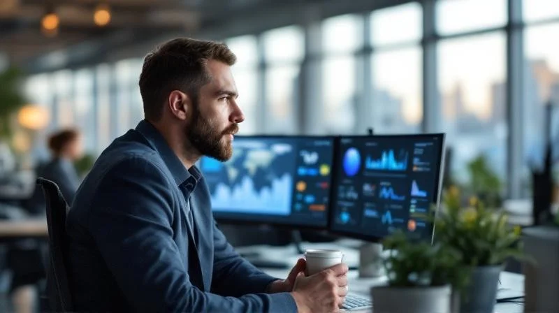 Quereinsteiger in einem Kronacher Unternehmen am Arbeitsplatz, arbeitet konzentriert an Dashboards und KI-Tools