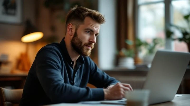 Mann arbeitet konzentriert am Laptop an einem Schreibtisch in einem hellen Arbeitszimmer